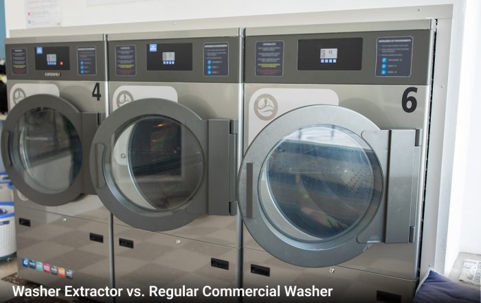 A row of washing machines stand ready for use. Coronet Equipment is proud to help you know what different types of machines do.
