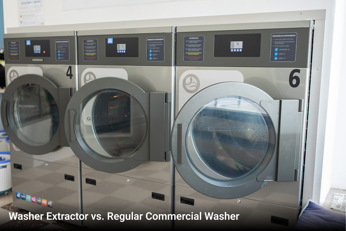 A row of washing machines stand ready for use. Coronet Equipment is proud to help you know what different types of machines do.