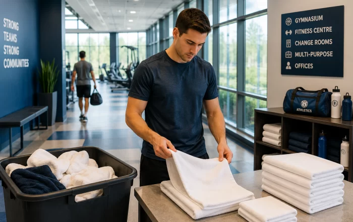Staff member organizing clean towels in a modern sports and recreation facility. The image reflects the importance of efficient laundry operations, member services, and facility readiness in athletic environments.