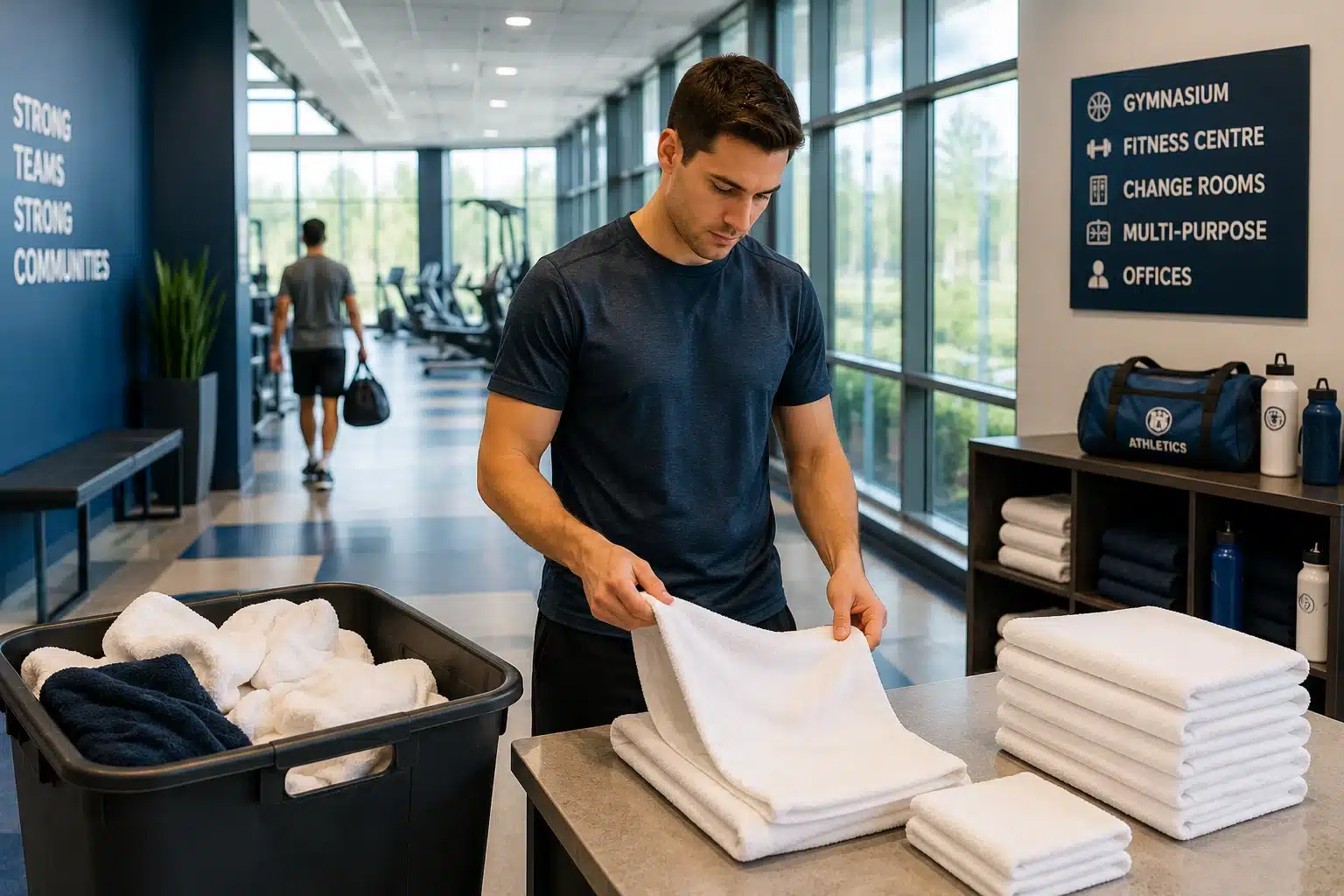 Staff member organizing clean towels in a modern sports and recreation facility. The image reflects the importance of efficient laundry operations, member services, and facility readiness in athletic environments.