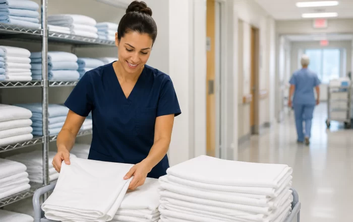 Healthcare worker organizing clean linens in a hospital corridor beside neatly folded towels and bedding. The image reflects the importance of reliable laundry systems and efficient workflow in healthcare facilities.