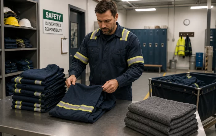 Industrial worker organizing clean uniforms and workwear in a manufacturing facility environment. The image reflects operational efficiency, workforce readiness, and the importance of reliable laundry systems in industrial settings.