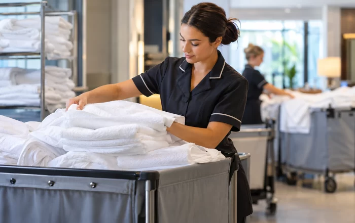 Hotel housekeeping staff handling fresh linens in a commercial laundry environment.