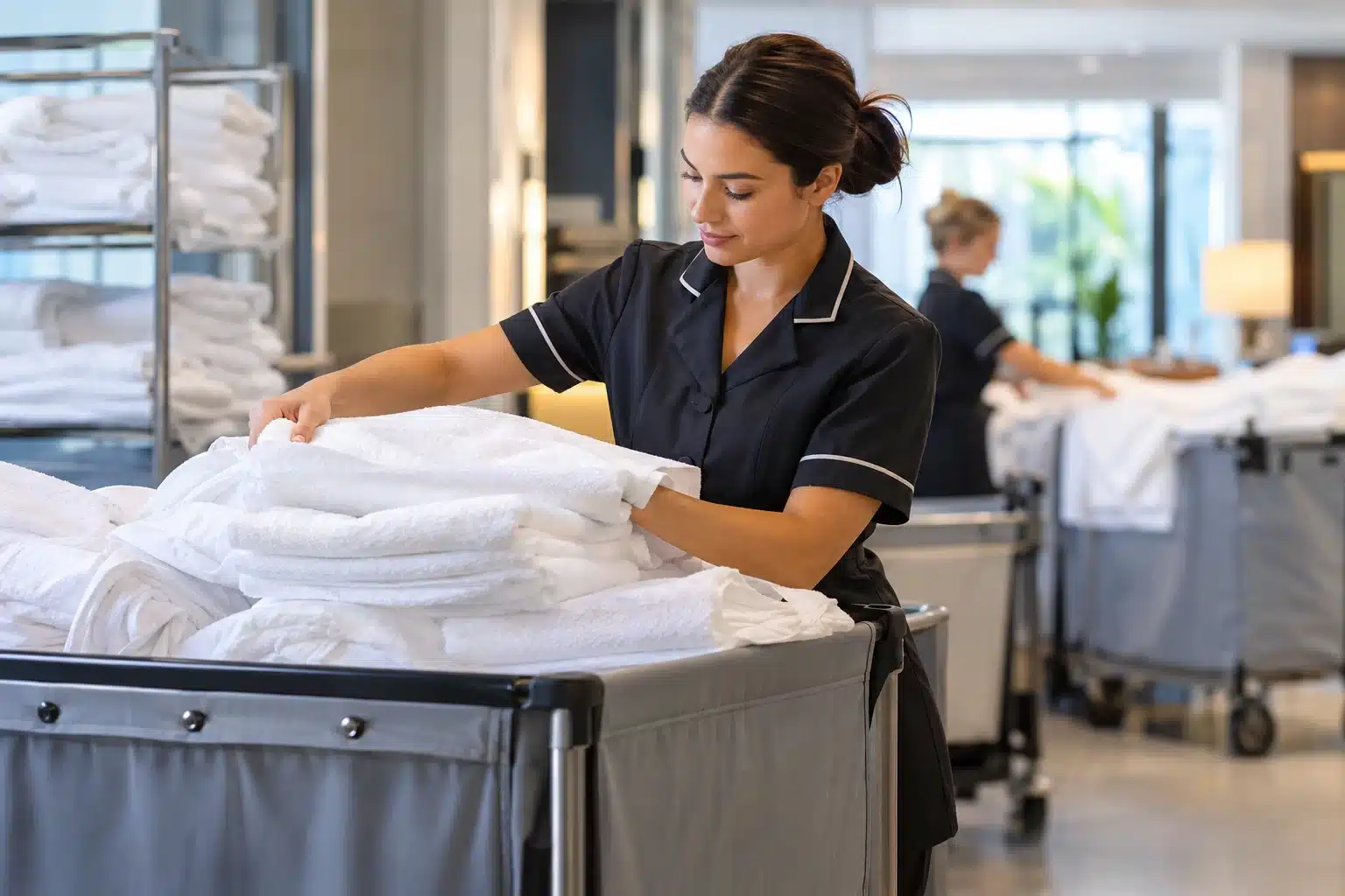 Ozone Laundry System in a Commercial Laundry Facility Hotel housekeeping staff handling fresh linens in a commercial laundry environment.
