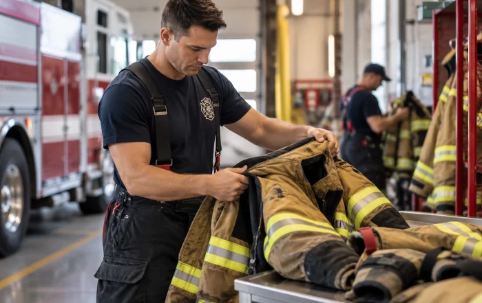 Firefighter inspecting turnout gear at a fire hall before cleaning and maintenance.