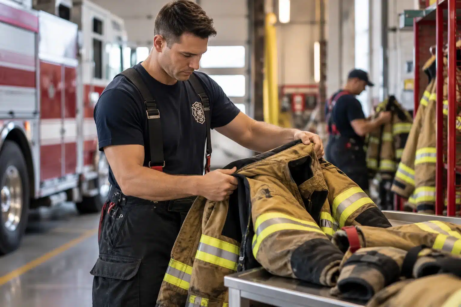 Fire Department Laundry Equipment and Turnout Gear Care Firefighter inspecting turnout gear at a fire hall before cleaning and maintenance.
