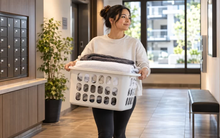 Apartment resident carrying a laundry basket through a modern multi-housing building.