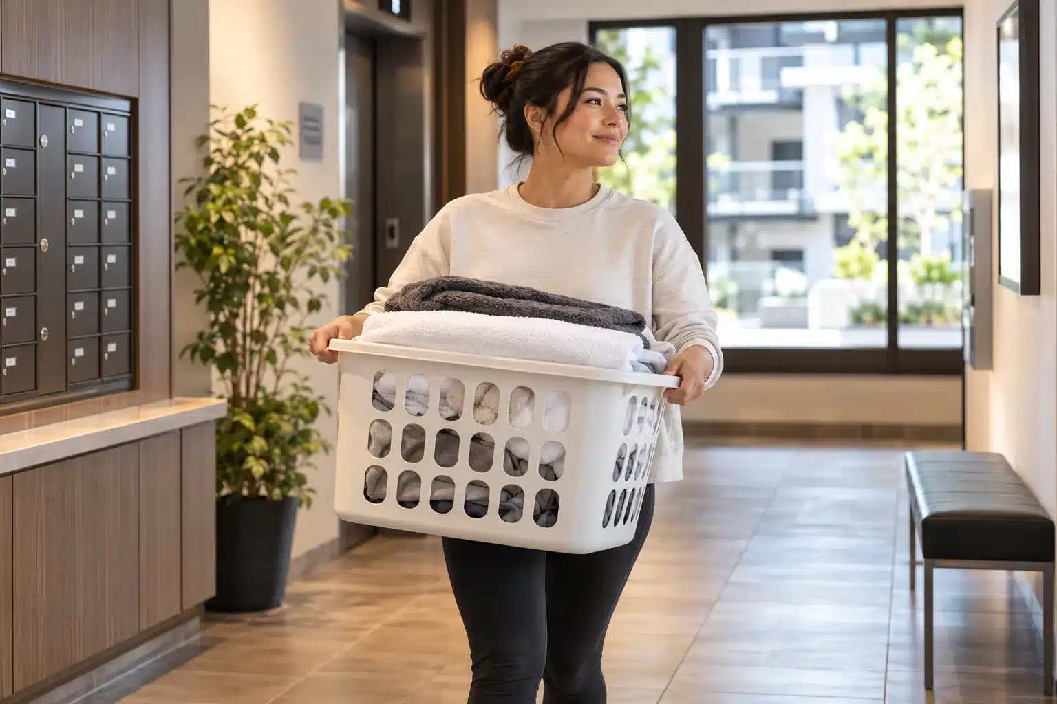 Multi-Housing Laundry Equipment for Apartment Buildings Apartment resident carrying a laundry basket through a modern multi-housing building.